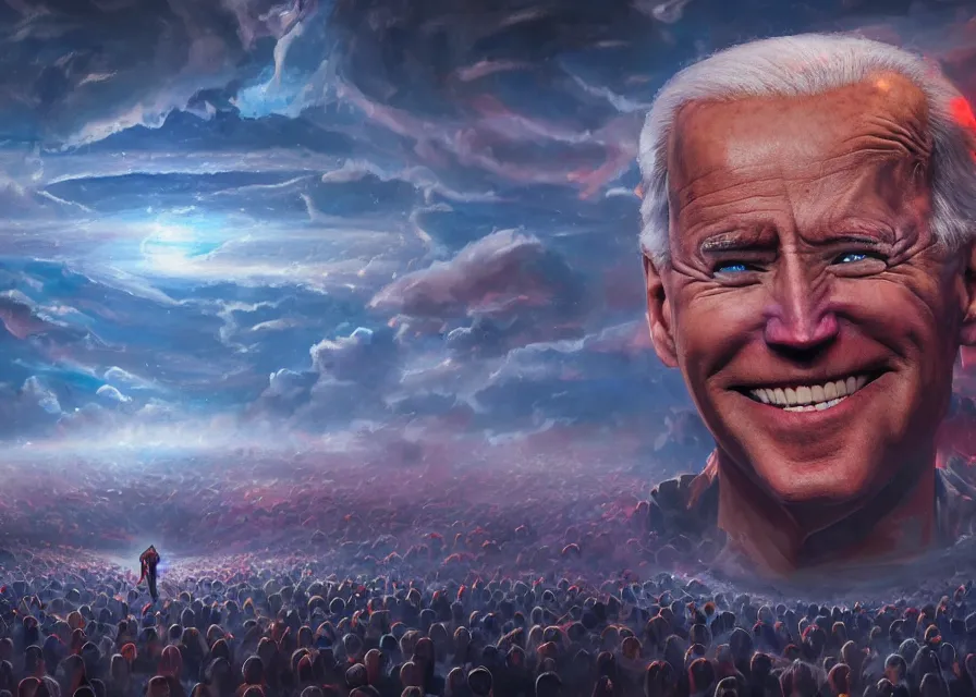 Prompt: large abstract painting of giant grinning evil dynamic Joe Biden hidden amidst cosmic clouds at giant immense crowd of person army, trending on ArtStation, masterpiece, by Ciurlionis, octane, lightbeam eyes, oil on canvas, moody lighting, lights beaming out of eyes, cinematic, professional environment concept art