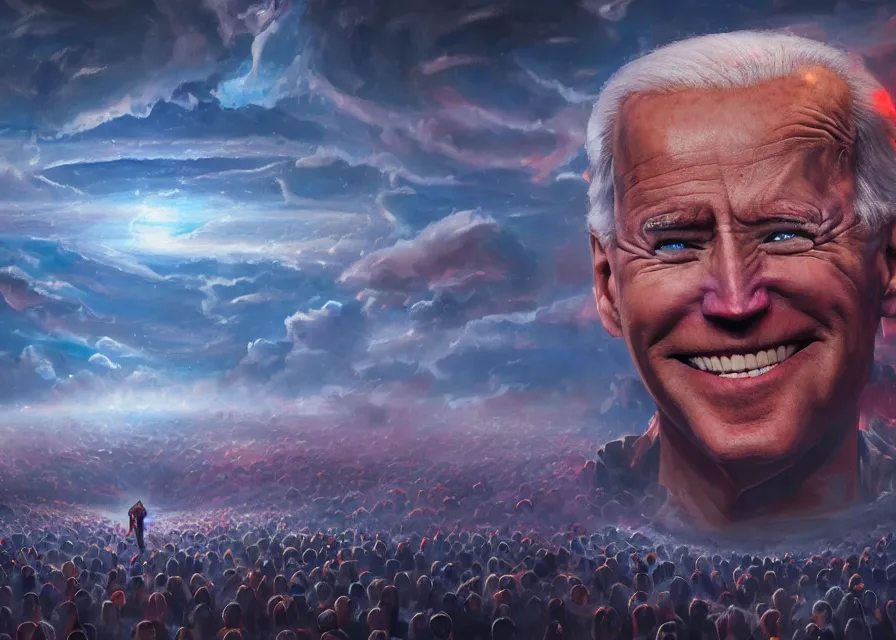 Image similar to large abstract painting of giant grinning evil dynamic Joe Biden hidden amidst cosmic clouds at giant immense crowd of person army, trending on ArtStation, masterpiece, by Ciurlionis, octane, lightbeam eyes, oil on canvas, moody lighting, lights beaming out of eyes, cinematic, professional environment concept art