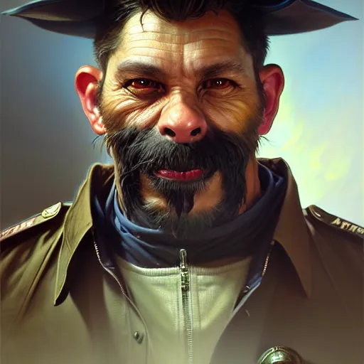 Image similar to portrait painting of a friendly bugbear police officer, ultra realistic, concept art, intricate details, eerie, highly detailed, photorealistic, octane render, 8 k, unreal engine. art by artgerm and greg rutkowski and magali villeneuve and alphonse mucha