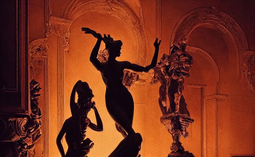 Prompt: a glowing silhouette of a posing marble statue in ornate baroque neoclassicist halls. detailed textures. gloomy, dark black background. highly detailed fantasy science fiction painting by moebius, norman rockwell, frank frazetta, and syd mead. rich colors, high contrast. artstation