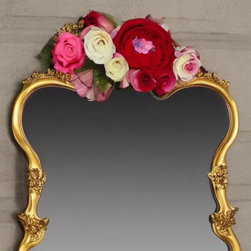 Prompt: beautiful luxurious baroque vanity mirror covered in roses and rose petals