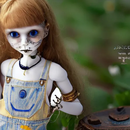 Image similar to lovely realistic ball jointed high end lapis lazuli porcelain with gold inclusions skeleton doll with cute white yellow overalls and cute nature themed accessories, inside gothic doll manor bedroom, god rays, dust particles, photorealistic, aesthetic shot, worms eye view, macro camera lens, high definition, cartoon proportions, cinematic, lens flare