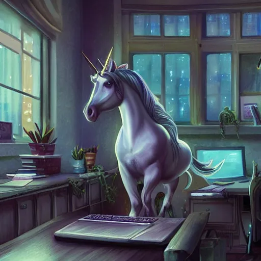 Prompt: unicorn working in an office typing on computer, fantasy, detailed, high quality, artstation contest winner