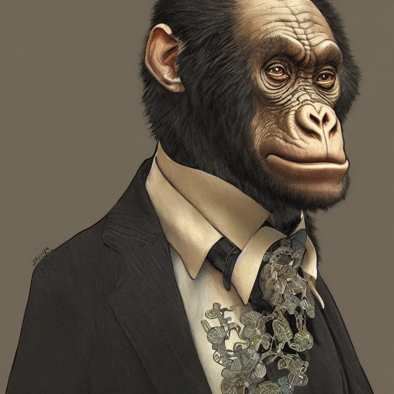 Image similar to a highly detailed Art Nouveau character portrait of a serious gorilla wearing a tailored business suit, intricate, wild, digital painting, artstation, concept art, smooth, sharp focus, illustration, art by artgerm and greg rutkowski and alphonse mucha