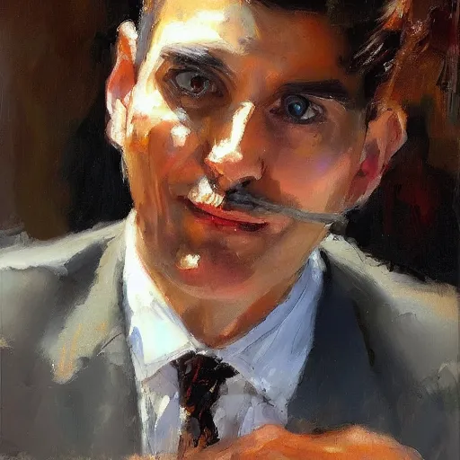 Prompt: portrait of a calico cat sitting on the lap of a man wearing a suit, rob rey, giuseppe dangelico pino, michael garmash, highly detailed, masterpiece