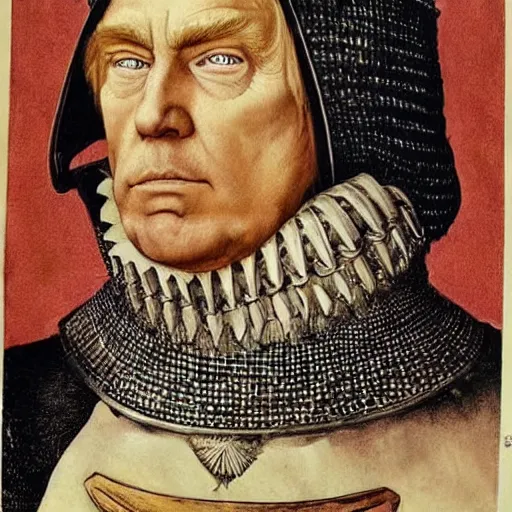 Image similar to donald trump wearing knights armor, donald trump holding a crazy broadsword, donald trump ’ s highly detailed face, donald trump ’ s handsome face, by hans holbein