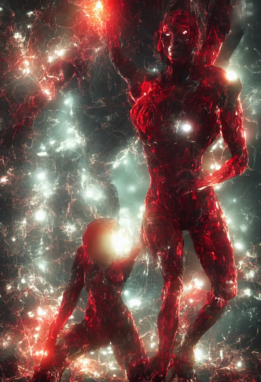 Image similar to a dystopian superhero comic book called modifikation, about bacterium algae that eats people and creates large red diodes all over their bodies hdr, designed by comicraft and yasushi nirasawa, a beautiful heroine appears from a portal,, hyperrealistic, 8 k, bokeh, prism, octane render