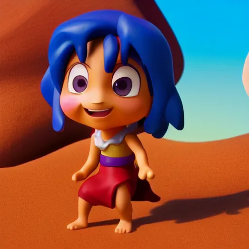 Image similar to aladdin's genius of the lamp as nendoroid walking in a desert in the croods movie style, anime, disney, pixar, 8 k, hd, dof, kodak film, volumetric lighting, subsurface scattering, photorealistic, octane render, details