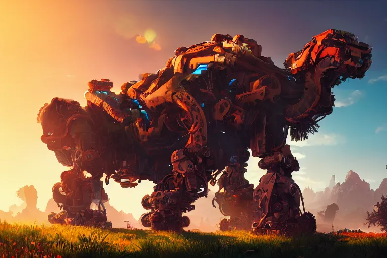 Image similar to behemoth machine mecanical creature robot of horizon forbidden west horizon zero dawn radiating a glowing aura global illumination ray tracing hdr fanart arstation by ian pesty and alena aenami artworks in 4 k