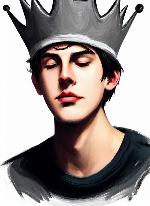 Image similar to portrait of teenage jughead jones wearing a light grey crown, crown, hamburger background, eyes closed, crown, black hair, orange, intricate, elegant, glowing lights, warm lighting, highly detailed, digital painting, artstation, concept art, smooth, sharp focus, illustration, art by wlop, mars ravelo and greg rutkowski