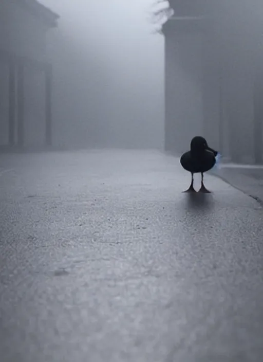 Image similar to close - up of a lonely duck under a street light, fog, still from a movie by bong joon - ho