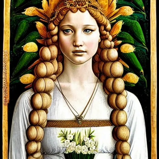 Image similar to jennifer lawrence as the goddess of spring, elegant portrait by sandro botticelli, detailed, symmetrical, intricate