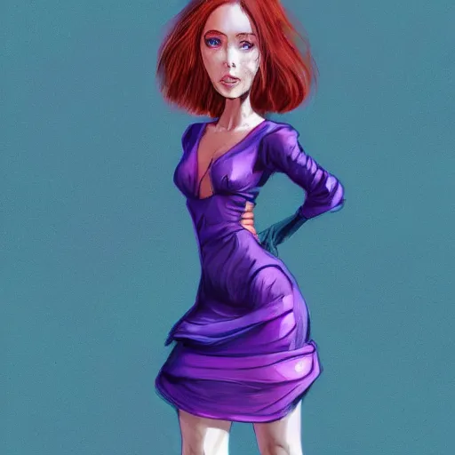 Prompt: a woman wearing a purple and blue dress, full body shot, red hair, highly detailed, digital painting, artstation, concept art, smooth, sharp focus, illustration