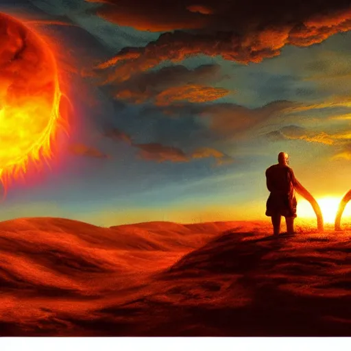 Image similar to giant fiery sun takes up most of the sky, two men look out over the horizon of a desert with plants on fire, highly detailed intricate matte painting