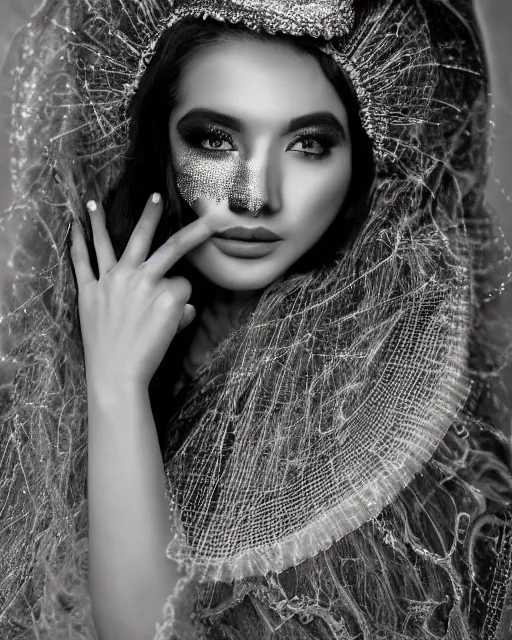 Image similar to hyper realistic portrait photo of beautiful ghost mariachi, mexican model, portrait shot, intricate detail, glittering sun rays