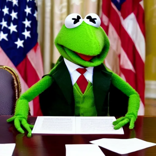 Image similar to Kermit the frog as President sitting in the Oval Office signing papers wearing a suit and tie