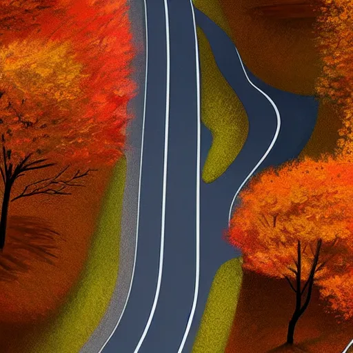 Prompt: Goro Fujita ilustration a road that goes down from the top of the mountain giving curves in autumn, painting by Goro Fujita, sharp focus, highly detailed, ArtStation