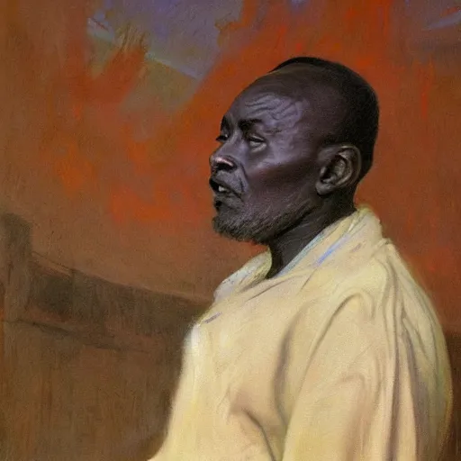 Image similar to a painting of a elegant well fed elder with few eyebrows and his on from Kenya by Henry Ossawa Tanner . dramatic angle, ethereal lights, details, smooth, sharp focus, illustration, realistic, cinematic, artstation, award winning, rgb , unreal engine, octane render, cinematic light, macro, depth of field, blur, red light and clouds from the back, highly detailed epic cinematic concept art CG render made in Maya, Blender and Photoshop, octane render, excellent composition, dynamic dramatic cinematic lighting, aesthetic, very inspirational, arthouse.