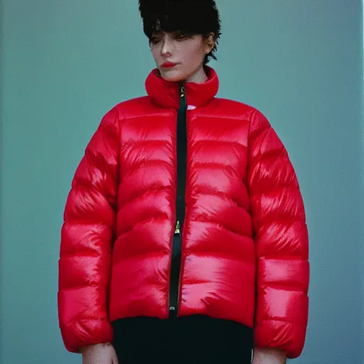 Image similar to realistic! photo of a balenciaga puffer jacket, color film photography, 35mm