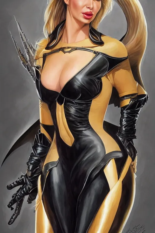 Image similar to Ivanka trump as a heroine in b/ack leather, batman batgirl, amazing body curves, intricate, elegant, highly detailed, centered, digital painting, artstation, concept art, smooth, sharp focus, illustration, art by artgerm and donato giancola and Joseph Christian Leyendecker, Ross Tran, WLOP