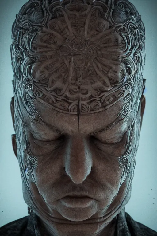 Prompt: Multiverse carved into a priest forehead, cinematicbleeding, horror, creepy, moody, octane render, 8k,realism, insanely detailed, intricate, ornate geometric shapes, natural lighting,