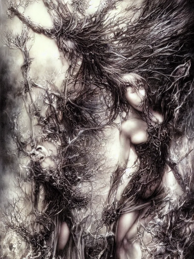 Image similar to life and death mixing together, by luis royo