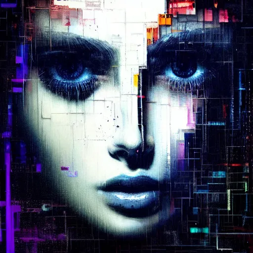Prompt: hyperrealistic portrait of a young women with crystal eyes, by Guy Denning, by Johannes Itten, by Russ Mills, glitch art, hacking effects, digital tech effects, cyberpunk, color blocking!, oil on canvas, intricate detail, concept art, abstract, clean, polished, symmetrical, octane, cgsociety, 8k, trending on artstation