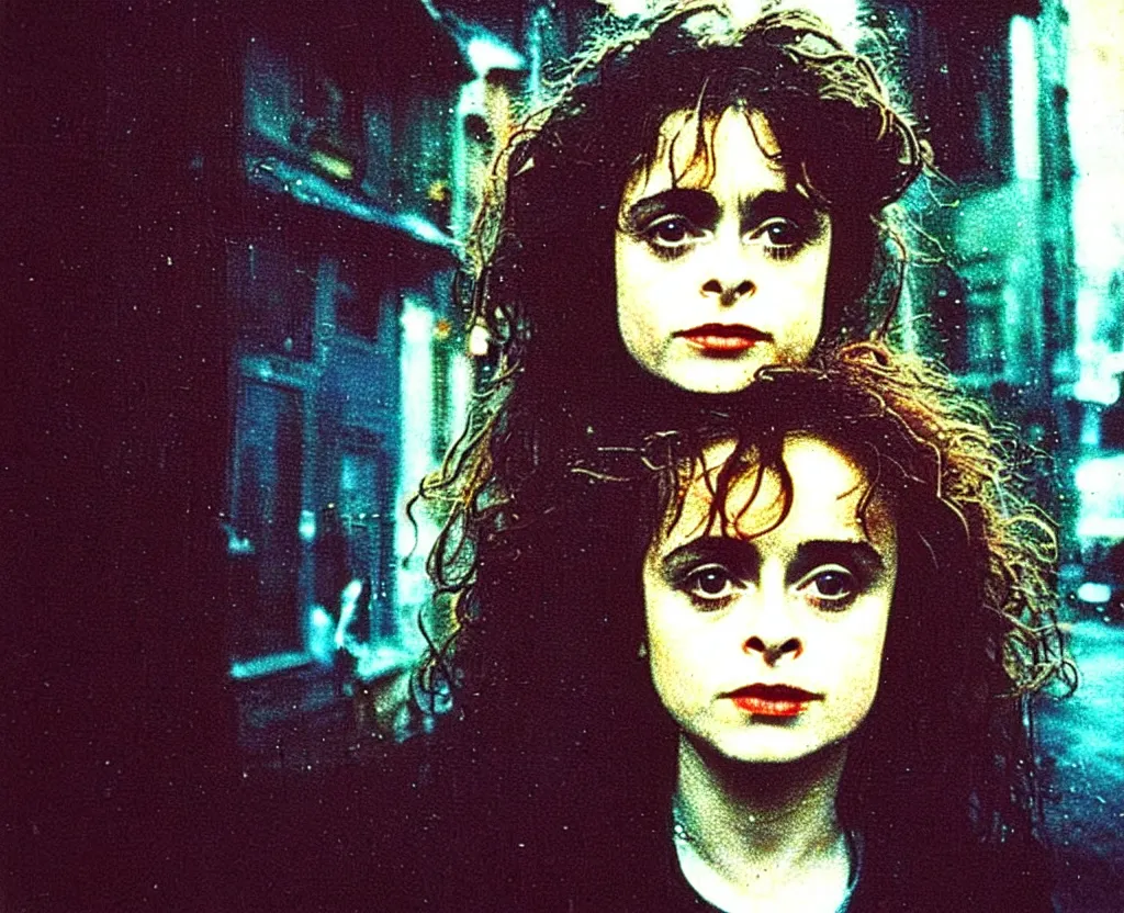 Image similar to closeup of young Helena Bonham Carter on the lower east side, Polaroid, raining!!!, nightime, colorful, 1970s, photorealistic, atmospheric,