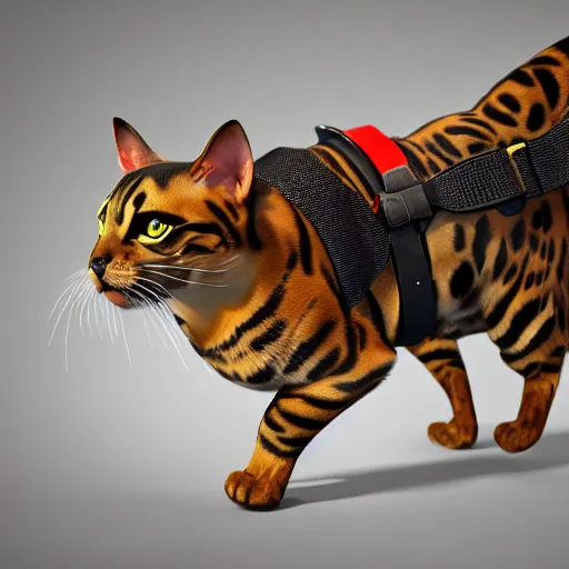 Image similar to a bengal cat with a weapons harness, unreal engine, highly detailed, artstation, elegant