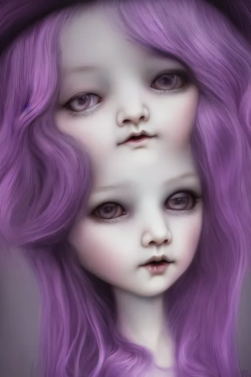 Image similar to cute porcelain doll with long purple hair, Mark Ryden style, vivid colors, high details, cinematic, 8k resolution, beautiful detailed, photorealistic, digital painting, dark atmosphere, artstation, concept art, smooth, sharp focus, illustration, fantasy background, artstation trending, octane render, unreal engine