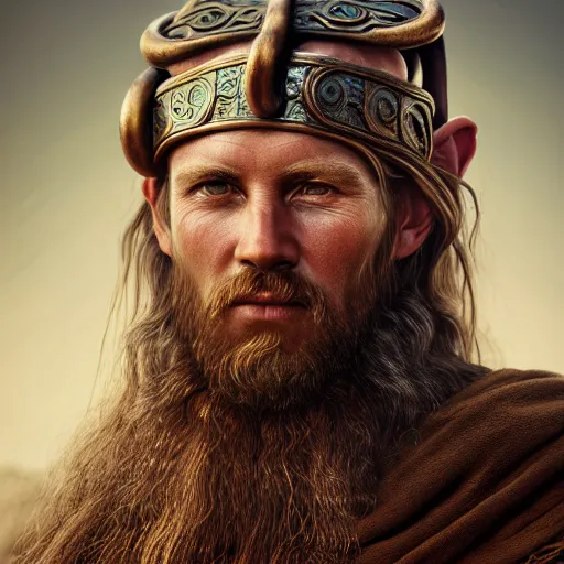 Image similar to portrait painting of bronze age viking traveller in robes, ultra realistic, concept art, intricate details, ornate, highly detailed, photorealistic, photorealism, octane render. art by annie leibovitz and ansel adams