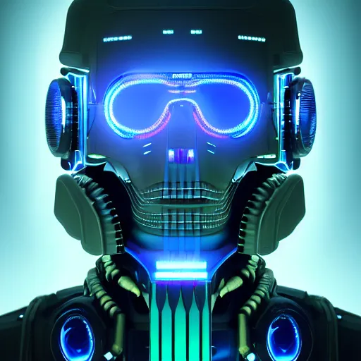 Prompt: photoreal portrait of a futuristic intricate angry robot in a server bunker, intricate malfunctioning circuits, glittering light leaks, electromagnetic waves, blue glowing agressive led eyes, wearing a very intricate wwii combat flight mask and goggles, octane render, trending on artstation, cyberpunk, dystopia tokyo