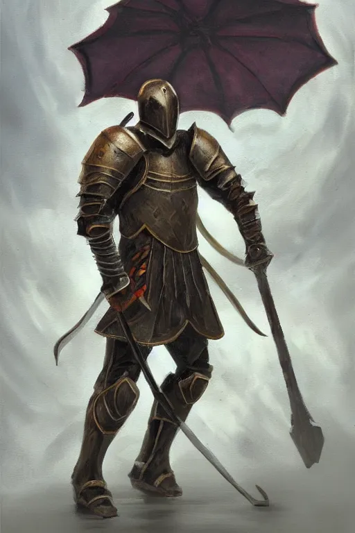 Image similar to a fantasy oil painting, concept art, a knight in full armor holding an unbrella