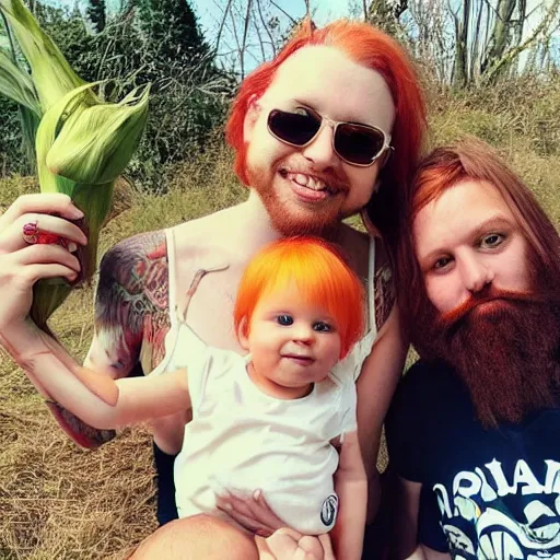 Image similar to photo of a slender attractive couple. The woman has long straight red orange hair. The man has a dark thick neatly groomed beard and tattoos. They are holding a giant corn and a cute baby.