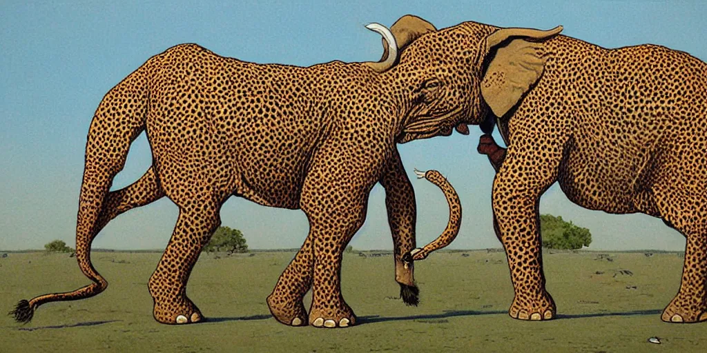 Image similar to Highly detailed painting of a elephant and a cheetah by moebius