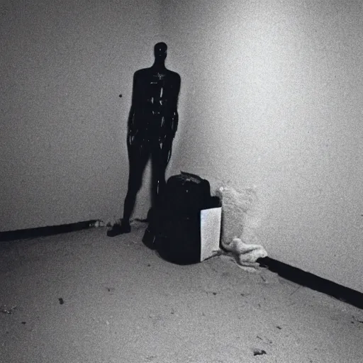 Image similar to Photograph of an old black room with a mannequin, dust in the air, brown wood cabinets, SCP, taken using a film camera with 35mm expired film, bright camera flash enabled, award winning photograph, sleep paralysis demon crabwalking towards camera, creepy, liminal space, in the style of the movie Pulse