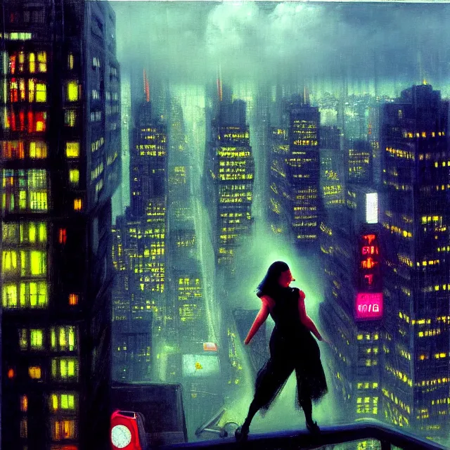 Prompt: a girl on a ledge up above futuristic new york city below, cyberpunk, fog, neon lights, flying cars, storm clouds, rain, oil painting, by george bellows