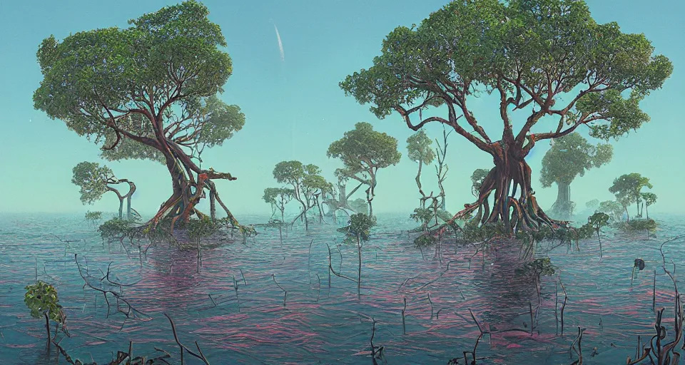 Image similar to A fantastic mangrove, by simon stalenhag