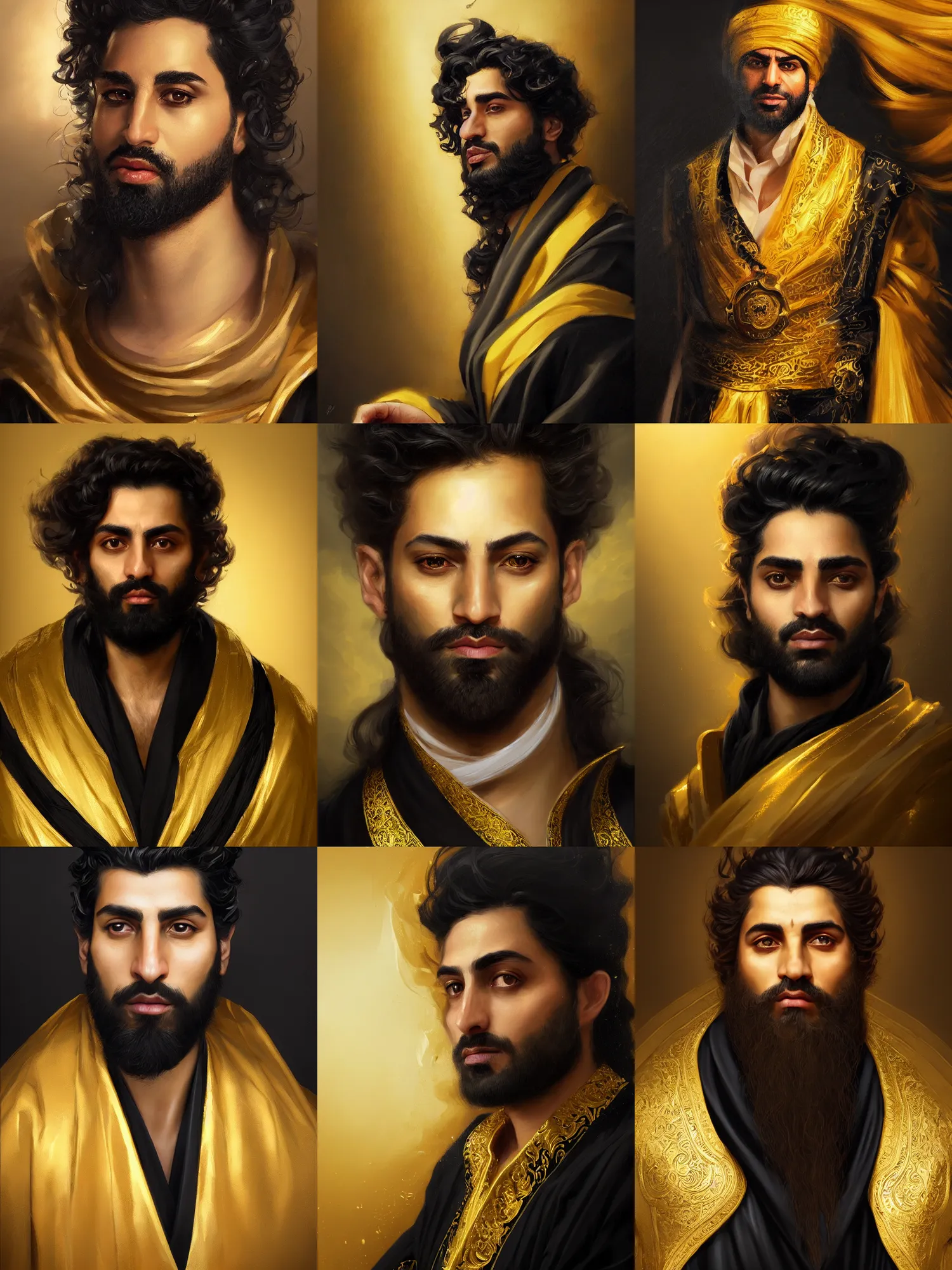 Prompt: face portrait of an arrogant wealthy male persian merchant wearing a black and gold robe with handsome facial features and wavy hair, by peter mohrbacher, trending on artstation, fine details, realistic shading, painted texture, full of color, cinematic lighting, atmosphere, 8 k ultra realistic