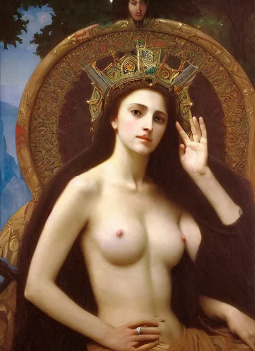 Prompt: oil painting of portait Queen of Ecstasy in a large throne room, Hungarian, by Bouguereau, by Georgia o Keeffe, by Georges Moreau