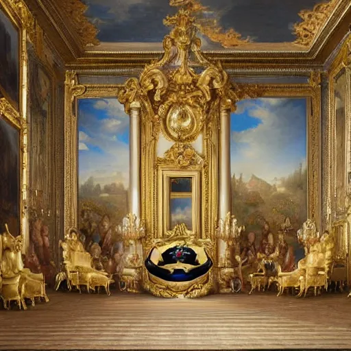 Image similar to 8k highly detailed oil matte painting in the style of Charles Landelle of A French Bulldog Louis XIV, decadent throne room, the other animals prostrate themselves before the throne, French architecture