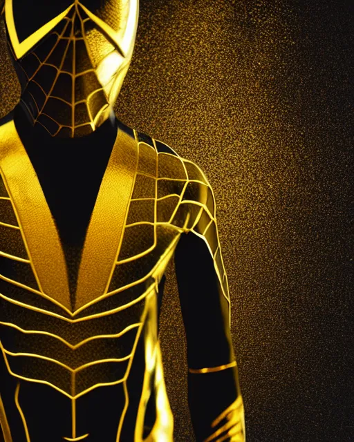 Prompt: photograph of a black and gold suit spider - man, dslr, cinematic, volumetric lighting, 8 k resolution, photorealistic, octane render, 3 d render