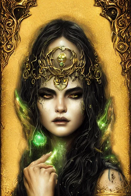 Image similar to a close - up portrait of a hauntingly beautiful sorceress wearing a black robe with gold embroidery, casting a spell, green glows, painted by artgerm and tom bagshaw, highly detailed digital art