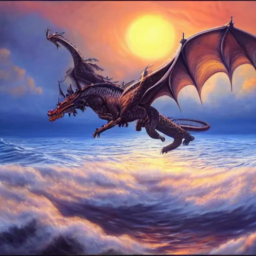 Prompt: fantastical oil painting of a large dragon flying above the sea at dawn, warm setting, sharp focus, perfect anatomy, hyper realistic, symmetrical, 4 k, highly ornate intricate details,