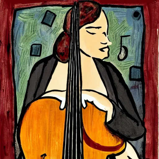 Prompt: woman playing a cello, stuckism art style,