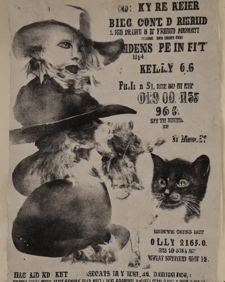 Image similar to 1865 wanted poster Wanted $1000 Reward kitten in cowboy hat Billy the Kit