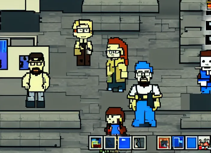 Image similar to walter white in undertale, videogame screenshot, very pixelated, distant shot