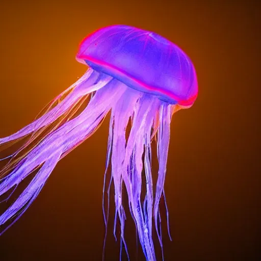 Image similar to at night, very close detailed closeup of big blue jellyfish glowing in the night,