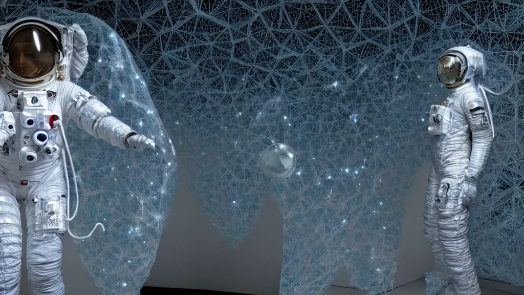 Image similar to a astronaut eva suit covered in diamond 3d fractal lace iridescent bubble 3d skin and covered with insectoid compound eye camera lenses floats through the living room, film still from the movie directed by Denis Villeneuve with art direction by Salvador Dalí, wide lens,