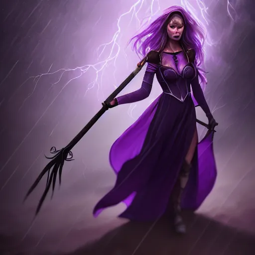 Image similar to a woman in a purple dress holding a staff and dark magic, storm and rain behind her, action scene, magical concept art, artstation contest winner, fantasy art, dark and mysterious, artstation hd, detailed, 8 k, digital art